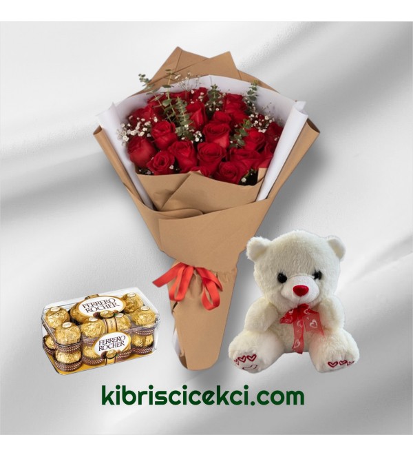 23 Kırmızı Gül Buketi 16'lı Ferrero Çikolata ve Ayıcık